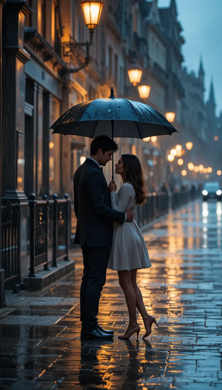 Romantic couple under a black umbrella on rainy street