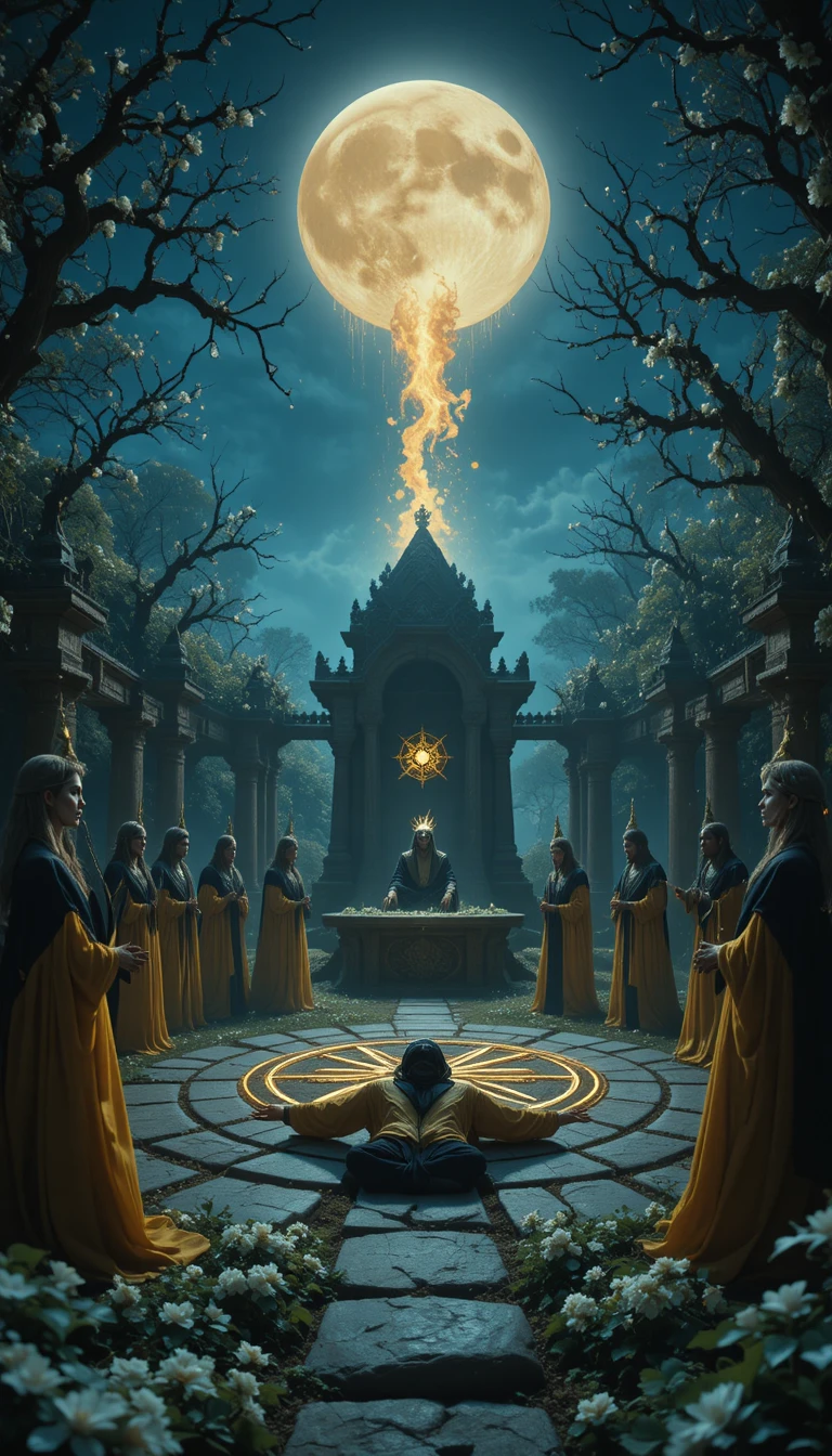 Rituel dans un ancien cercle de pierres sous la pleine lune lumineuse