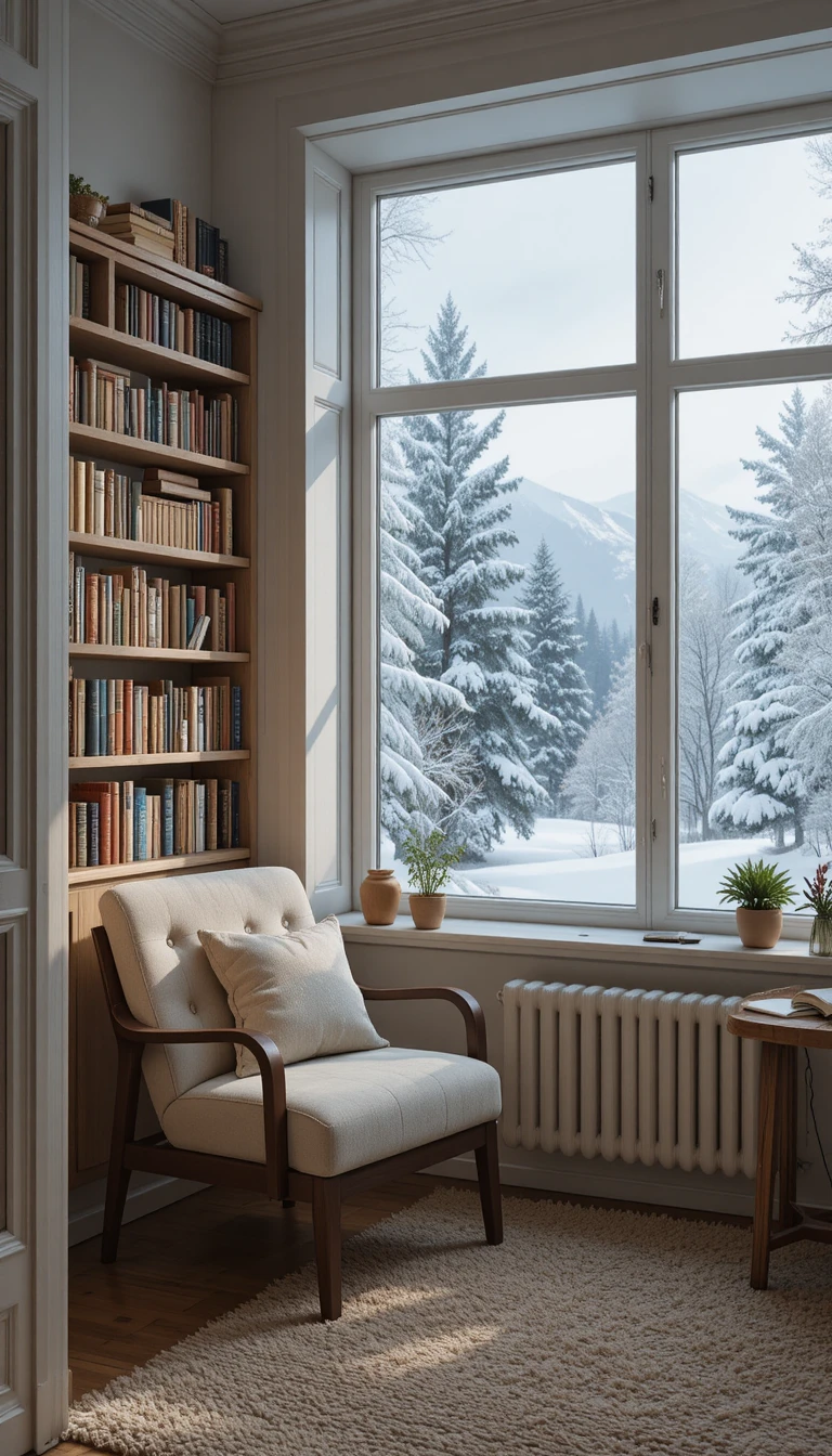 Cozy family reading nook with bookshelf and snowy window view