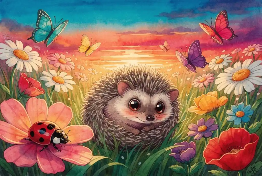 Curious hedgehog nestled in sunset flower meadow