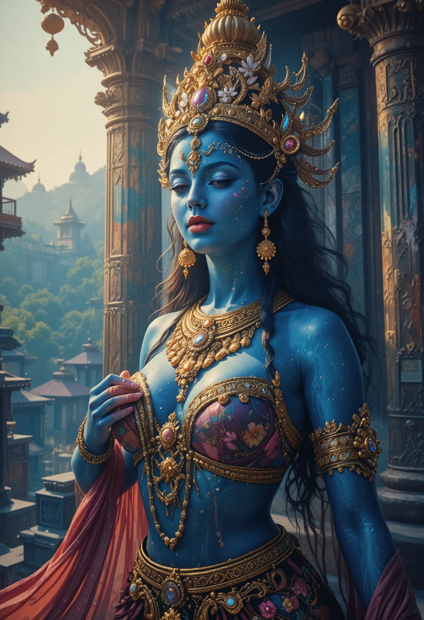 Retrato de diosa hindú azul bajo la luz solar centelleante del templo