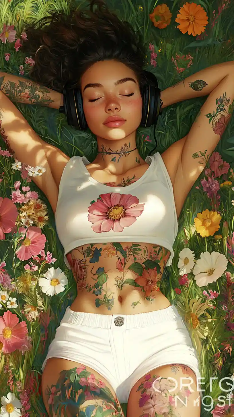 Young woman with floral tattoos resting in a flower meadow