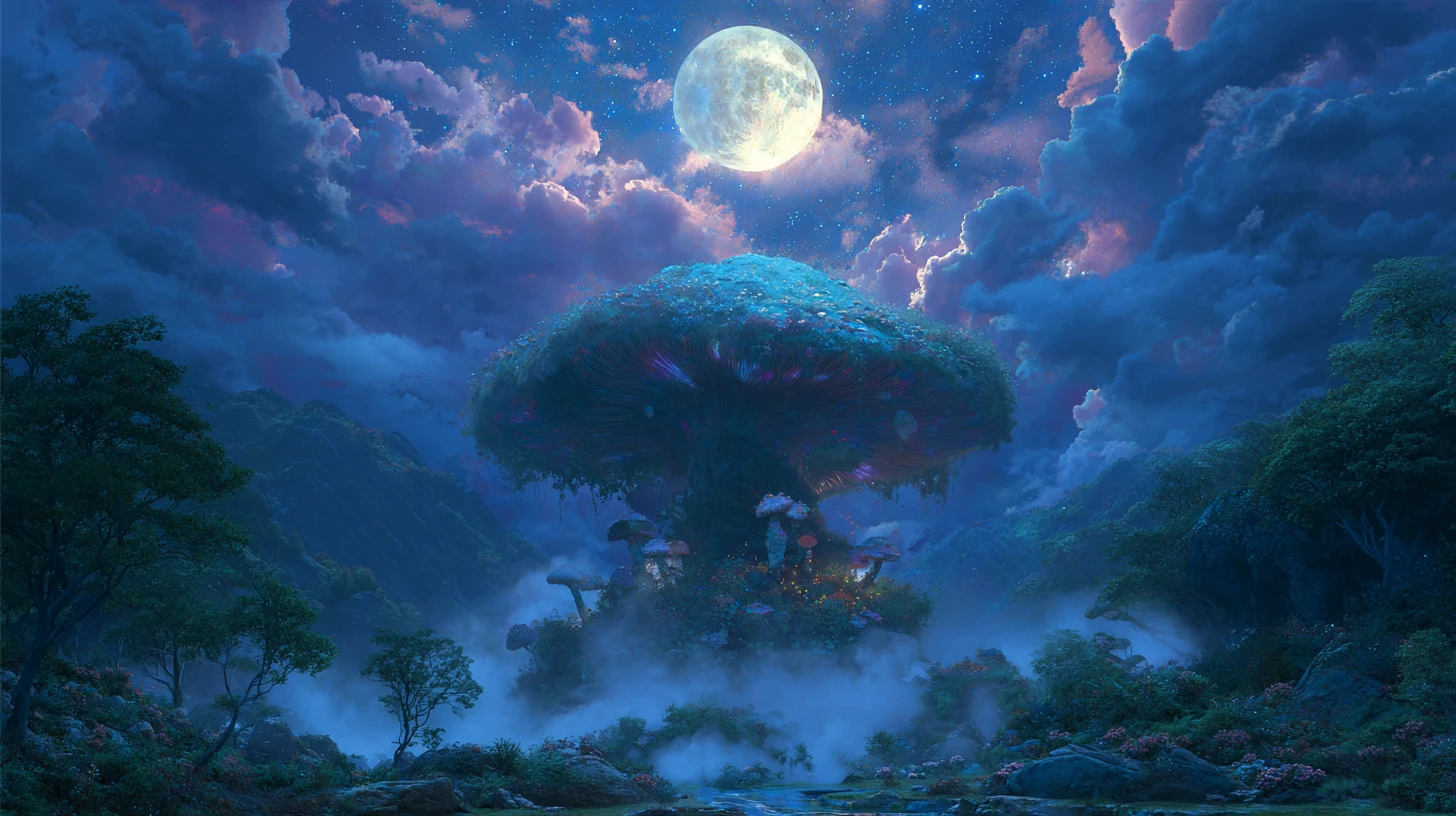 Giant Moonlit Mushroom Rising From A Misty Forest