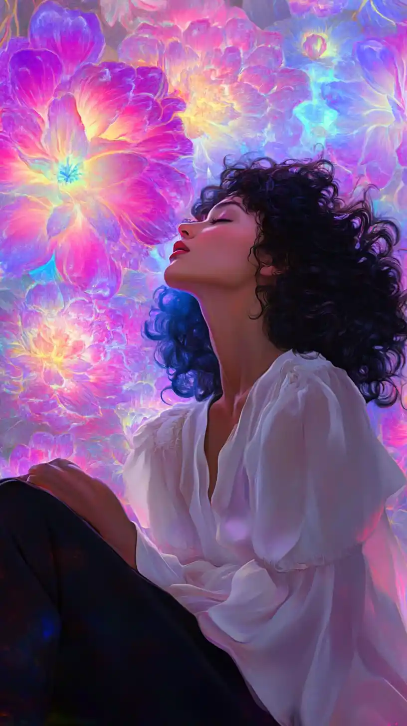 Mujer de blanco entre flores fantásticas y brillantes en plena floración