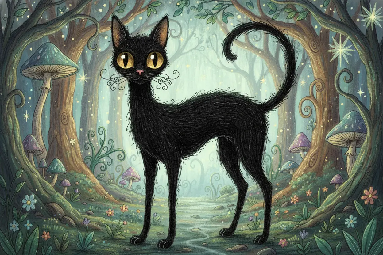 Black felt cat in a whimsical hand drawn fantasy forest