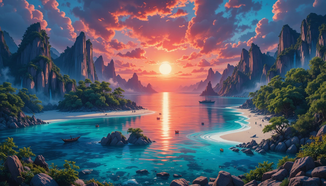 Bahía de fantasía surrealista al atardecer con barco y colores vivos