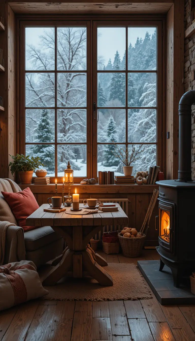 Gemütliche winterliche Leseecke an einem großen verschneiten Fenster