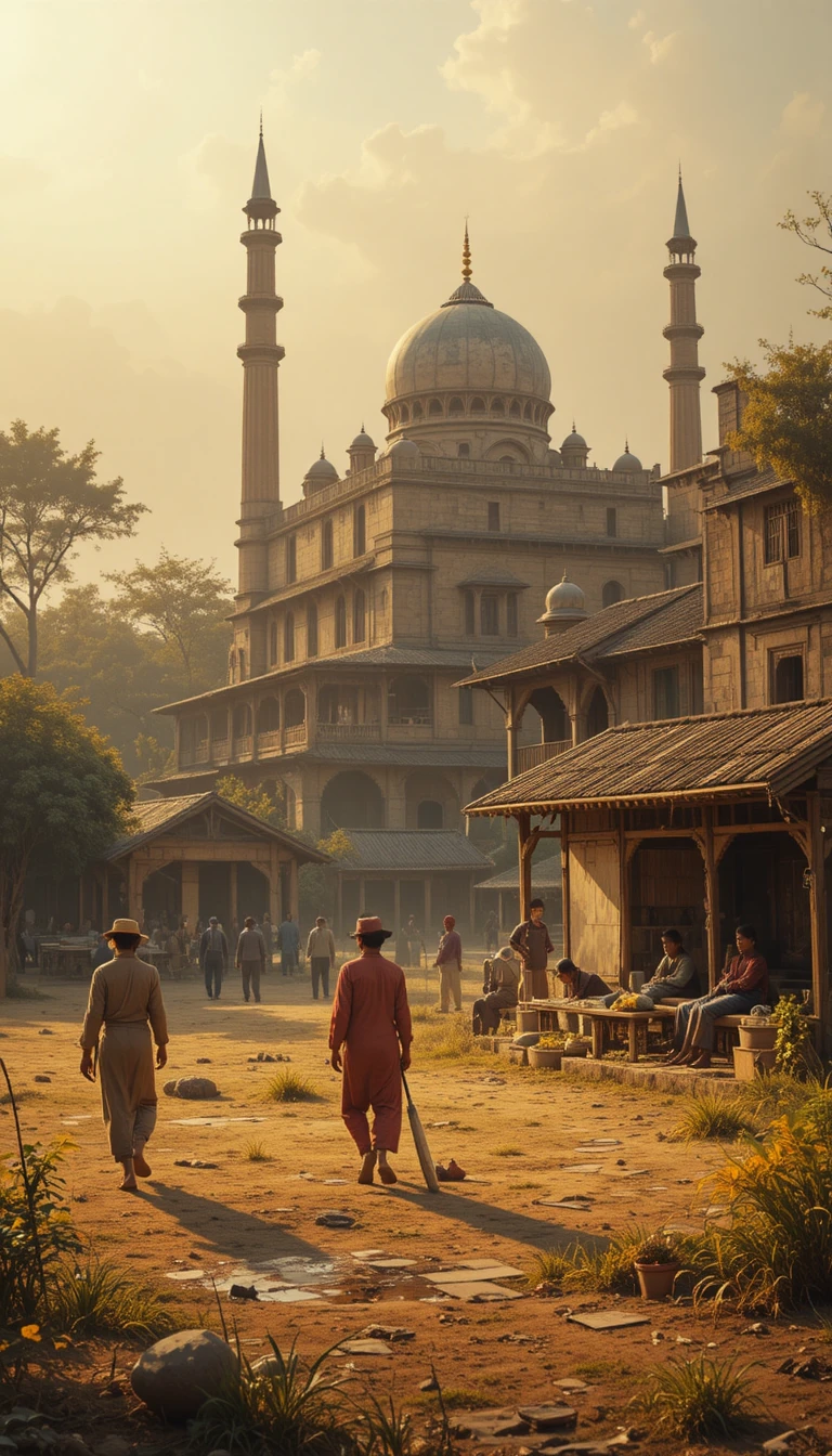 South Asian village houses along a dusty morning road
