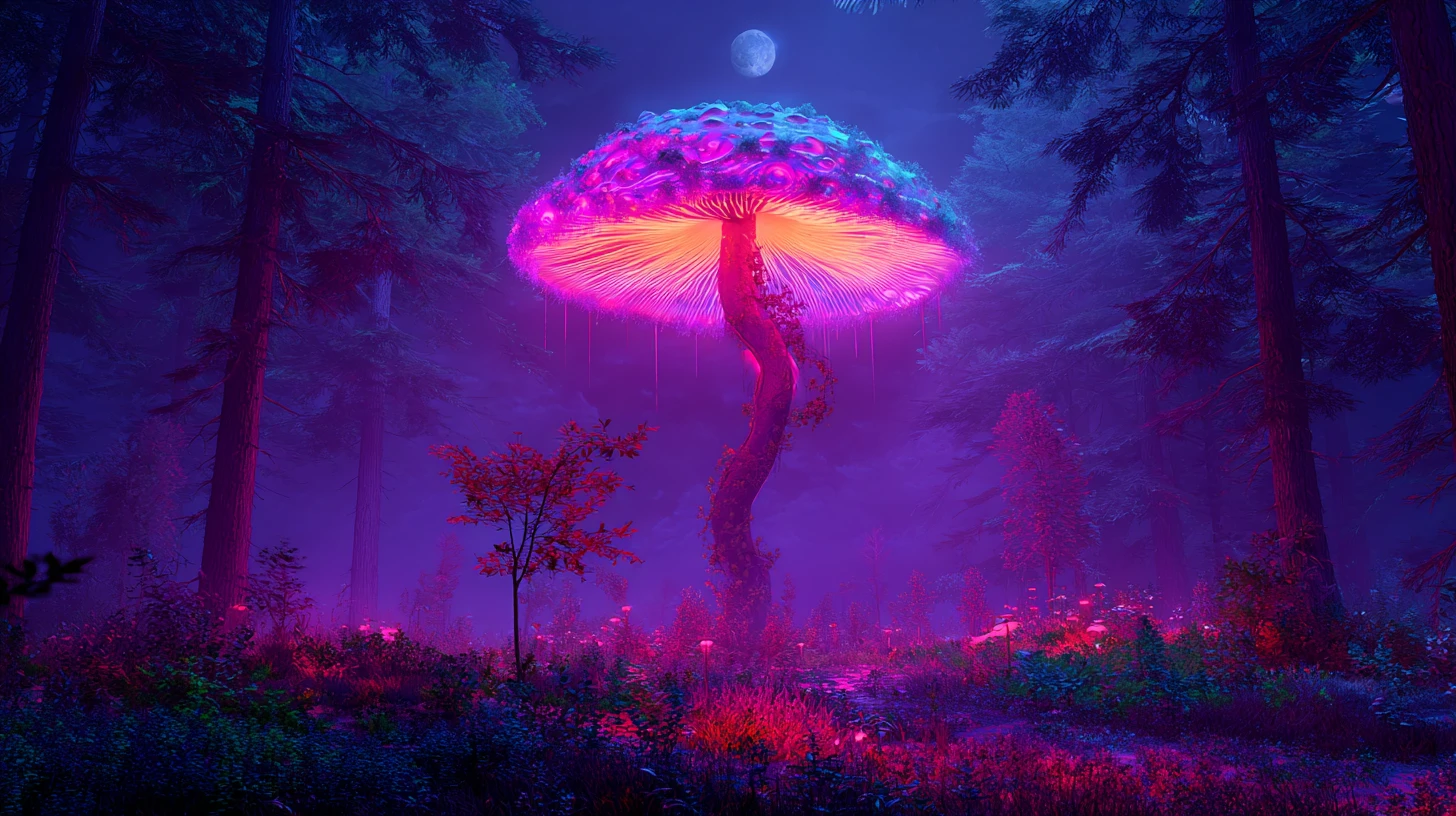 Giant Glowing Mushroom In A Moonlit Misty Forest