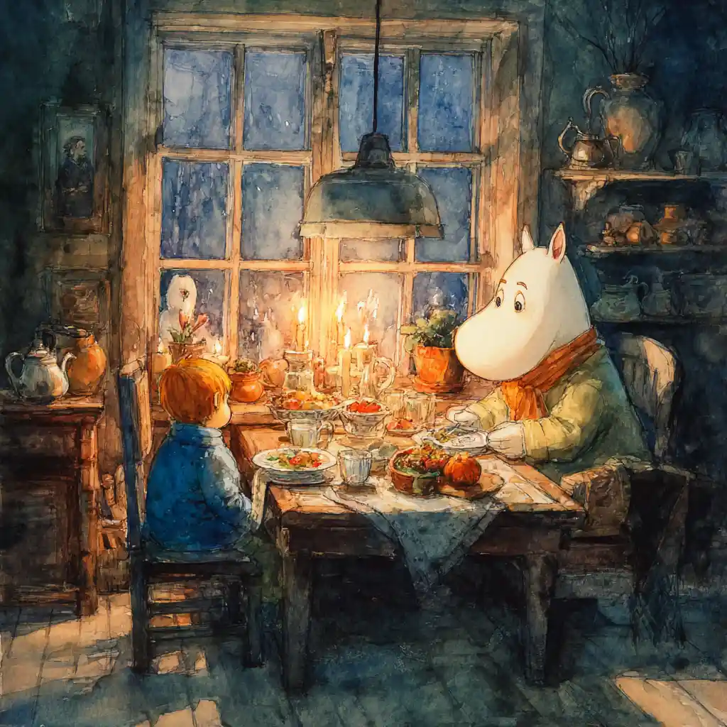 Ruhiger Weihnachtstisch in einem sanft leuchtenden Winterhaus