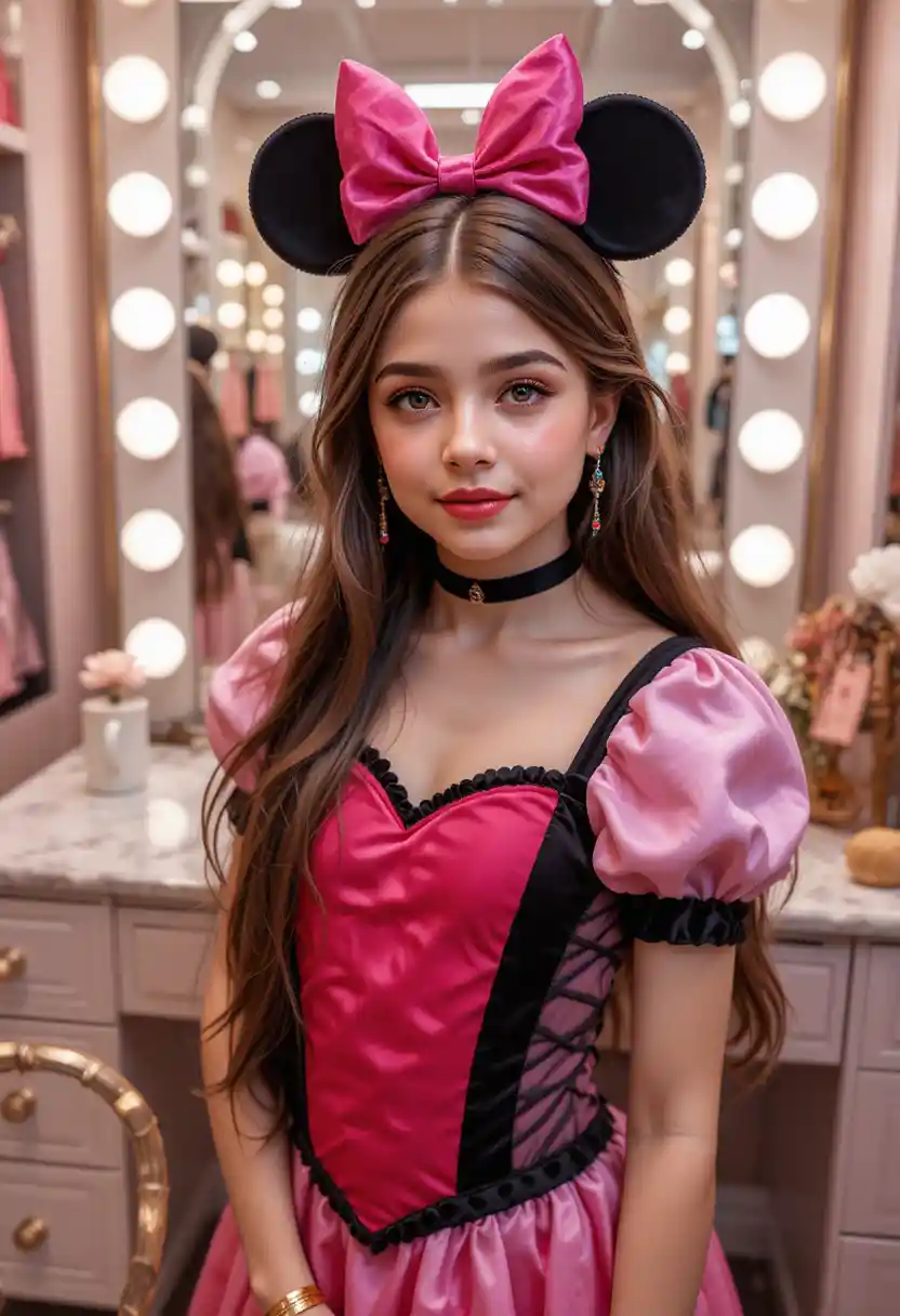 Niño preadolescente vestido como Minnie Mouse junto a un tocador de boutique