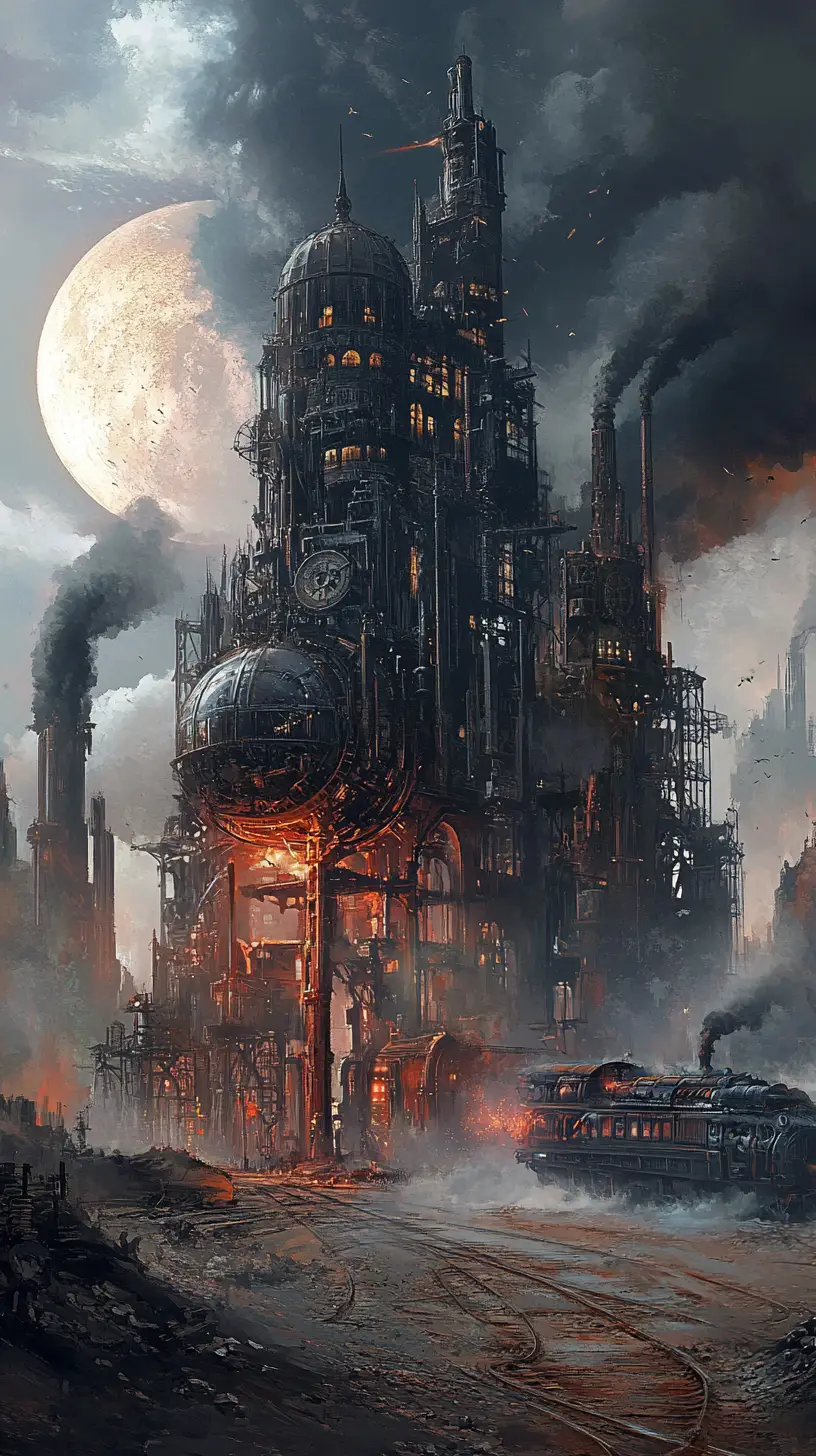 Gigantic wheeled victorian city crossing a ruined wasteland