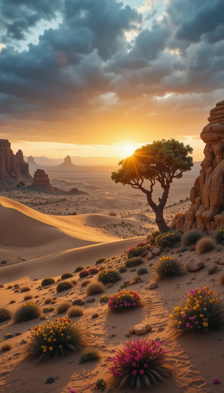 Golden desert landscape with rock formations at sunset