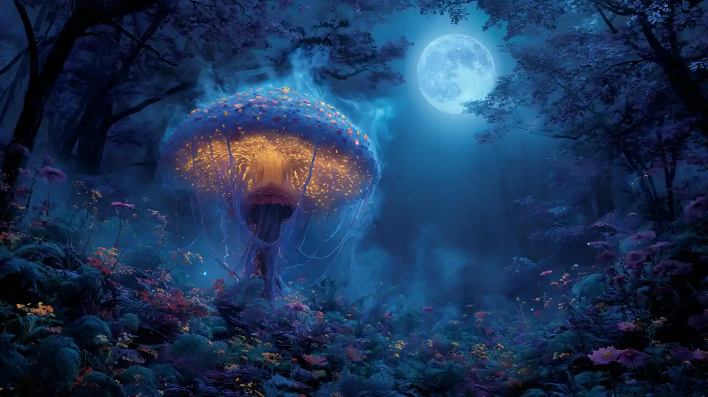 Giant glowing mushroom under moonlight in misty forest
