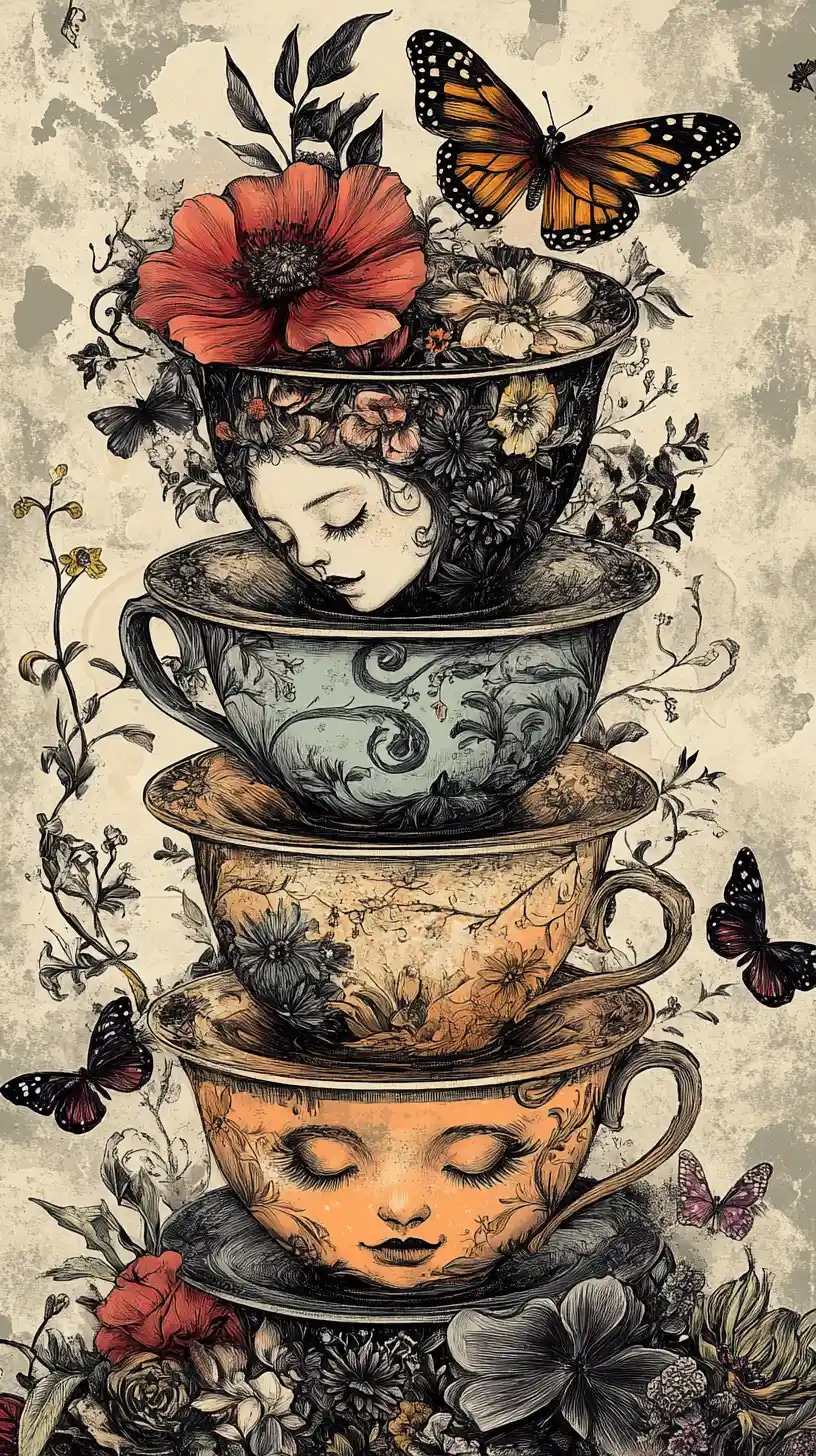 Stacked teacups with floral engravings and playful faces