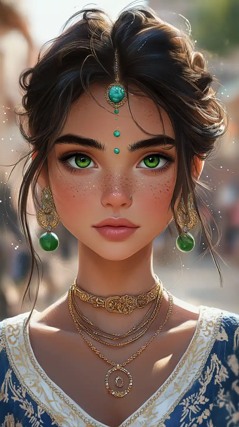 Elf girl with emerald eyes in warm market street