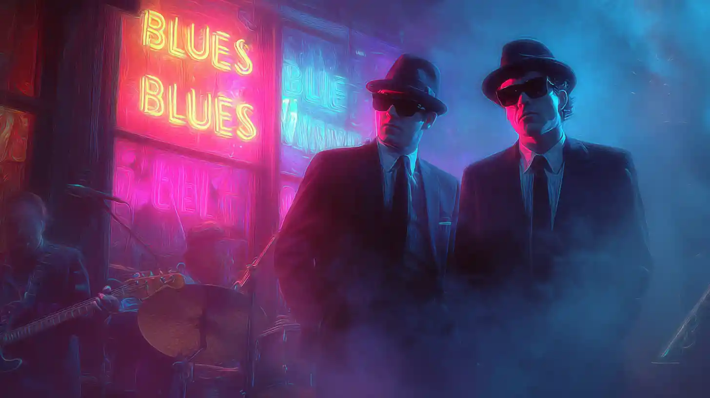 Bluesmusiker in schwarzen Anzügen auf rauchiger Bühne