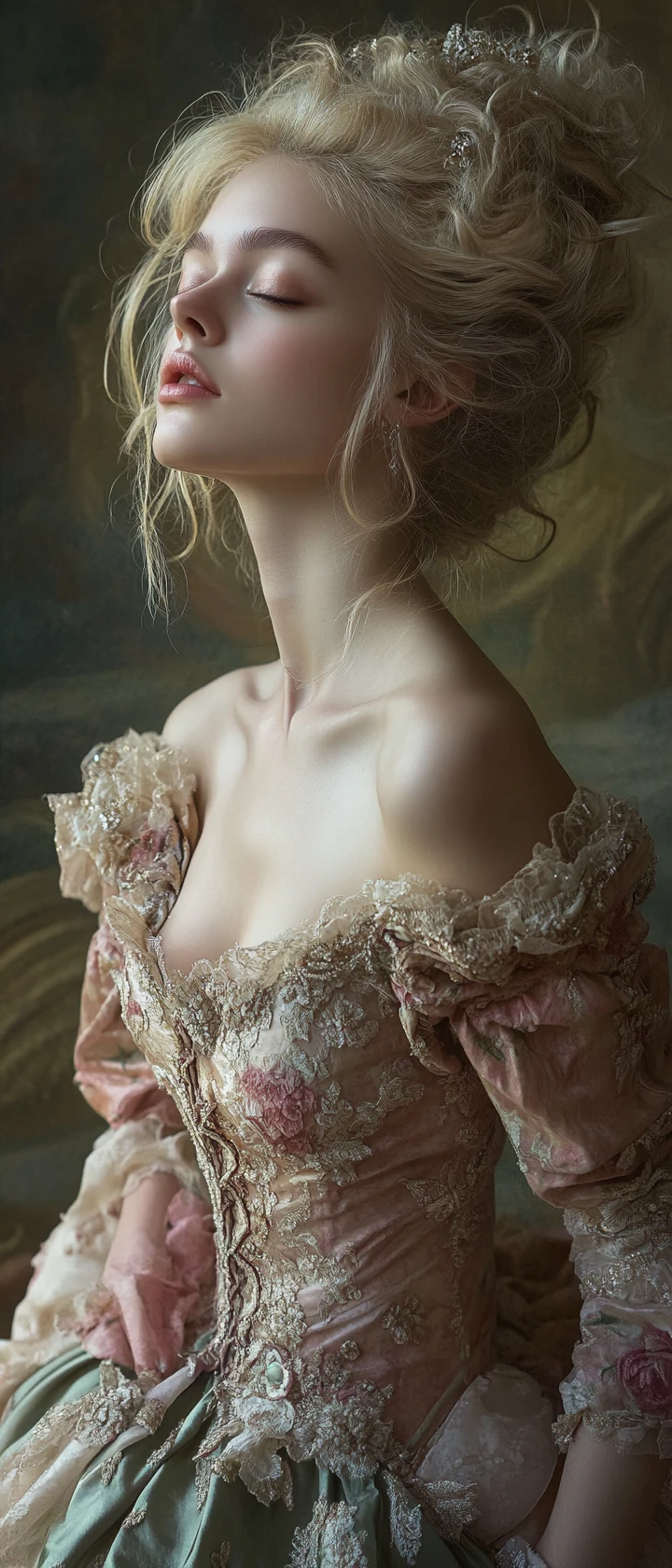 Young woman in rococo gown with hair swept upward