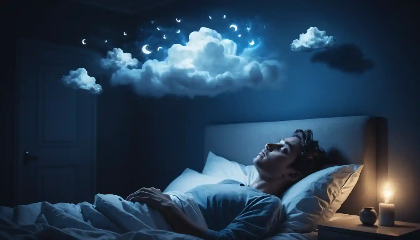 Persona a letto con nuvole di pensieri luminose e vorticose sopra