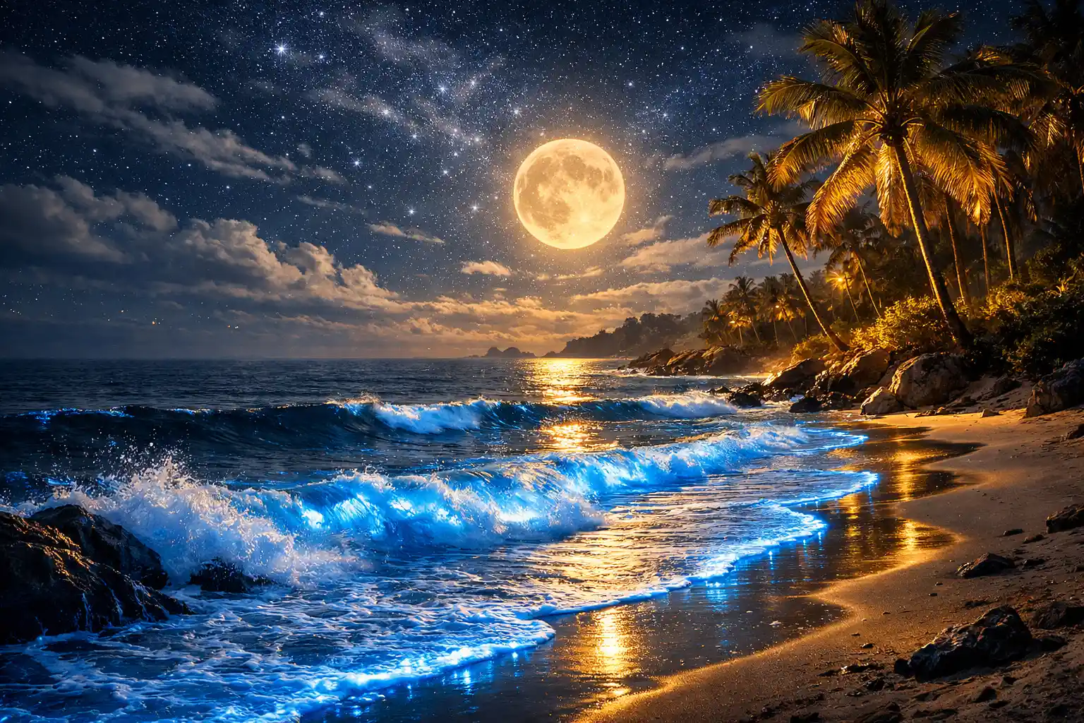 Plage au clair de lune avec vagues bioluminescentes brillantes la nuit