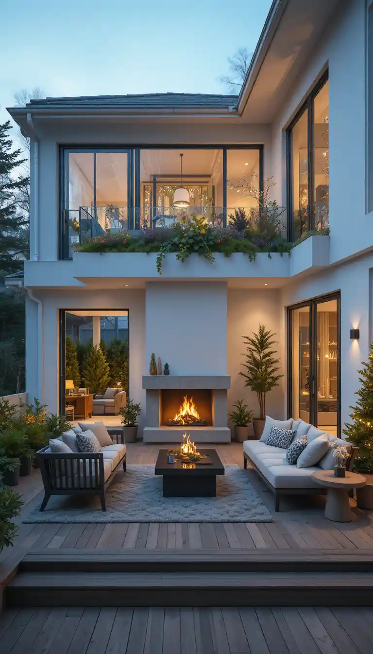Cozy modern upstairs living room with warm evening light
