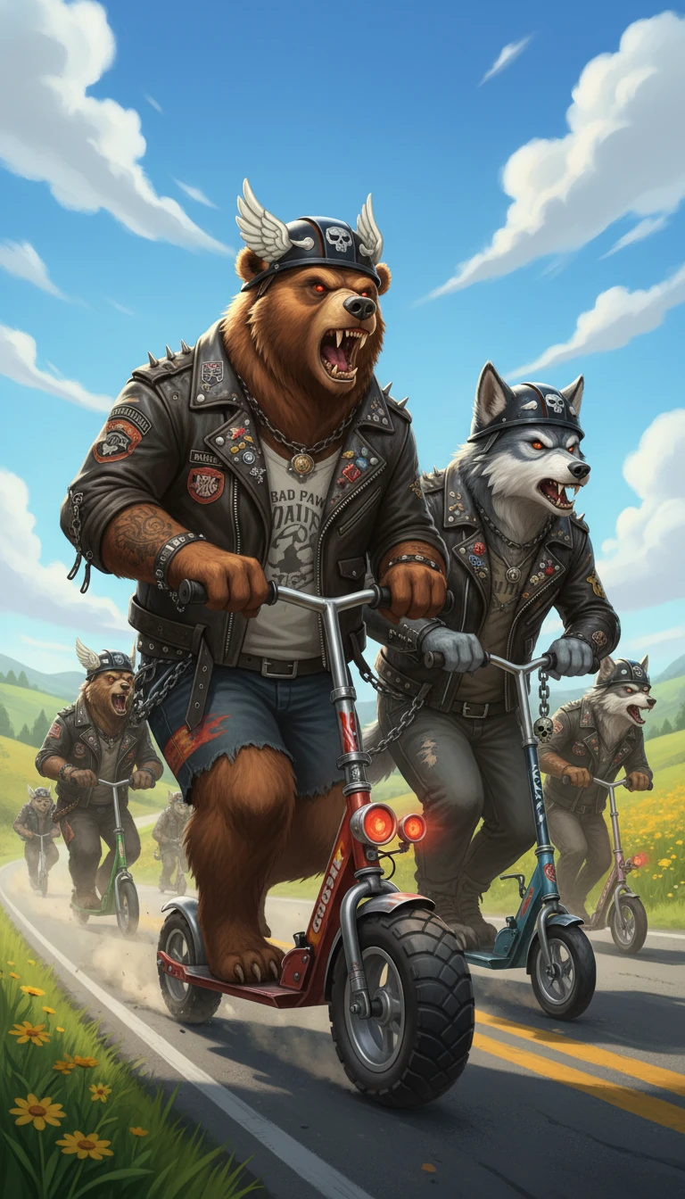 Gangue antropomórfica de ursos e lobos de patinete em estrada rural