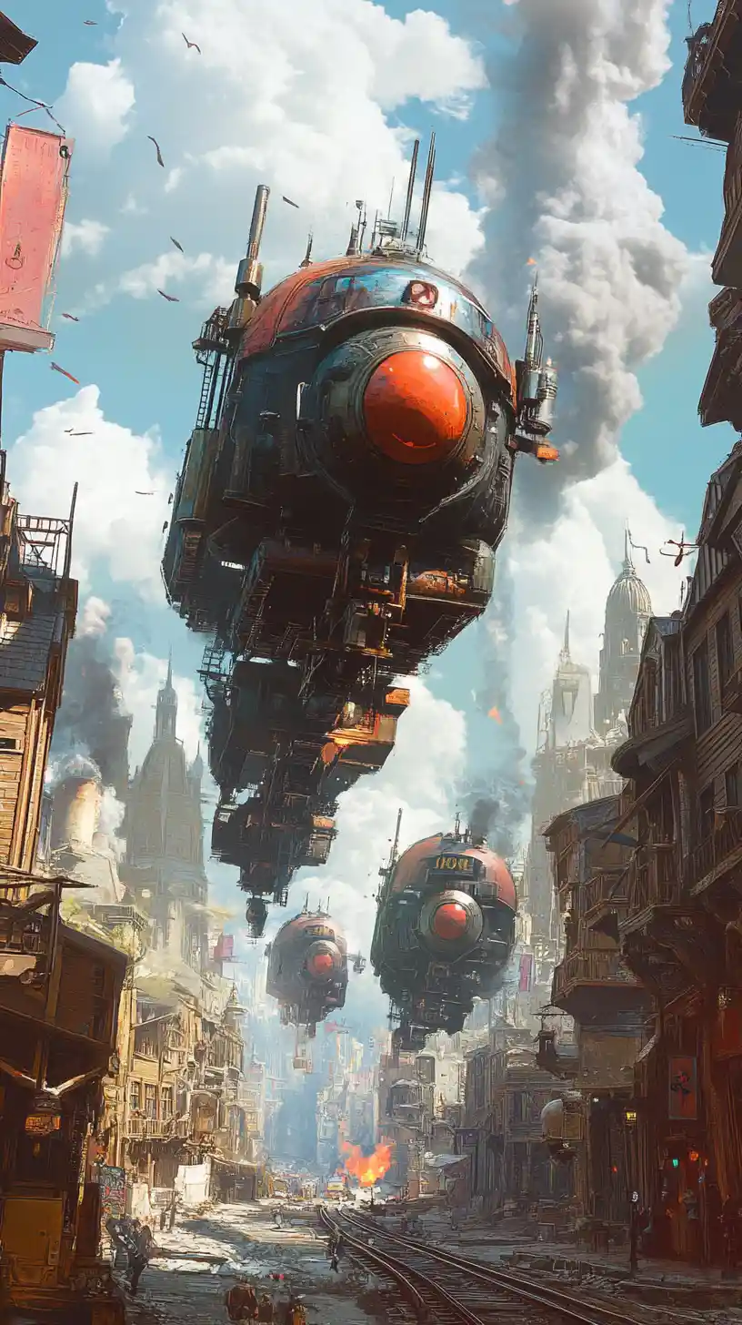 Steampunk city on wheels chasing another through ruins