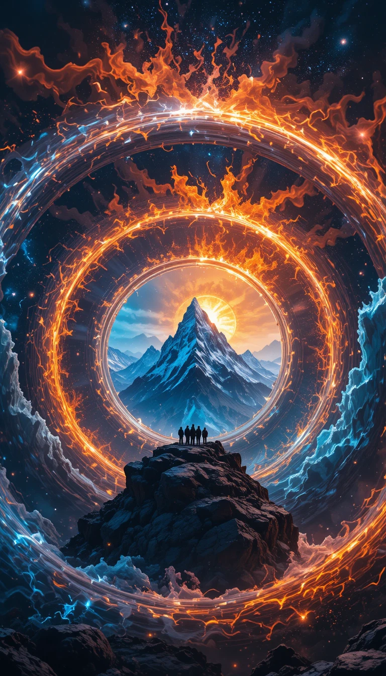 Concentric rings of fire ice and space over cosmic sky