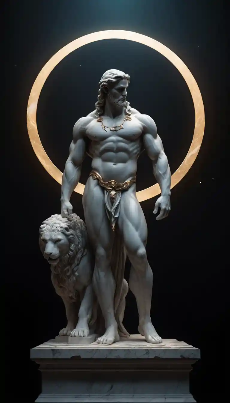 Divine stone statue with glowing halo in cosmic space