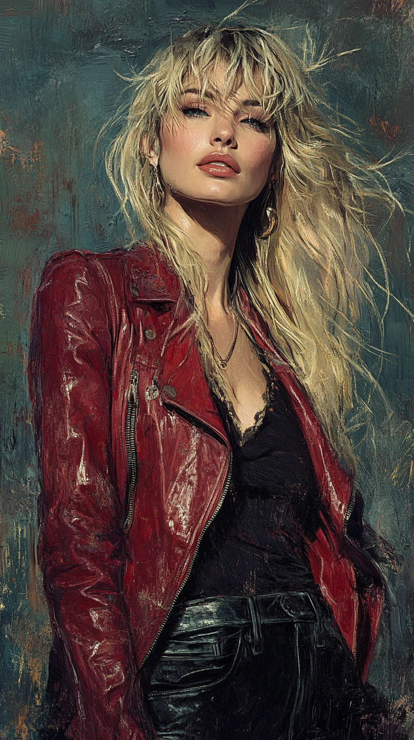 Blonde woman in red leather jacket in a small mountain town