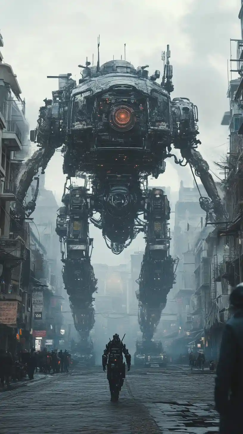 Dystopian city with roaming armored machines in neon smog