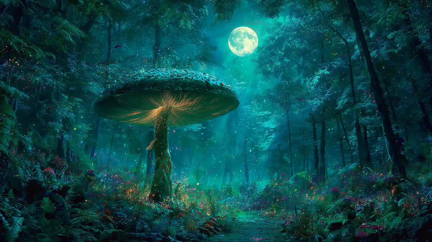 Giant Glowing Mushroom In A Moonlit Misty Forest