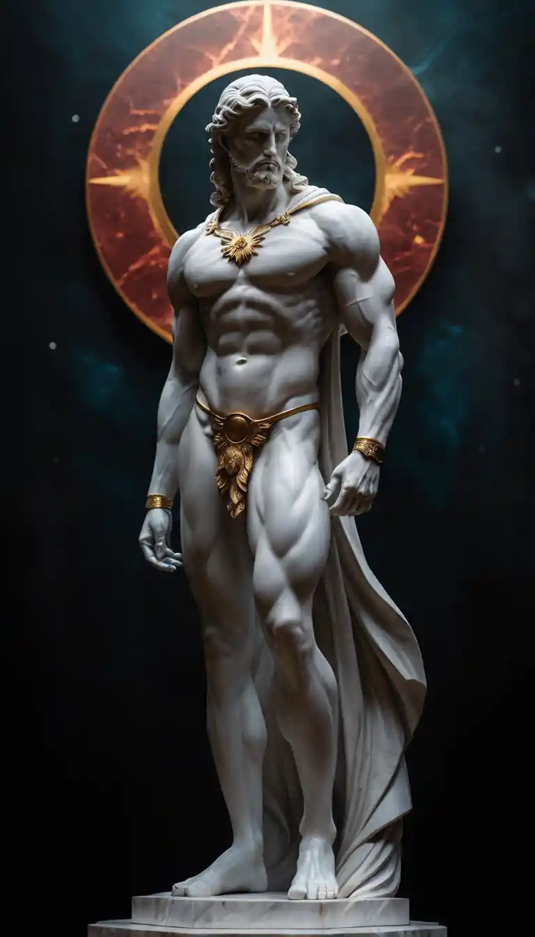 Divine marble statue with halo in celestial darkness
