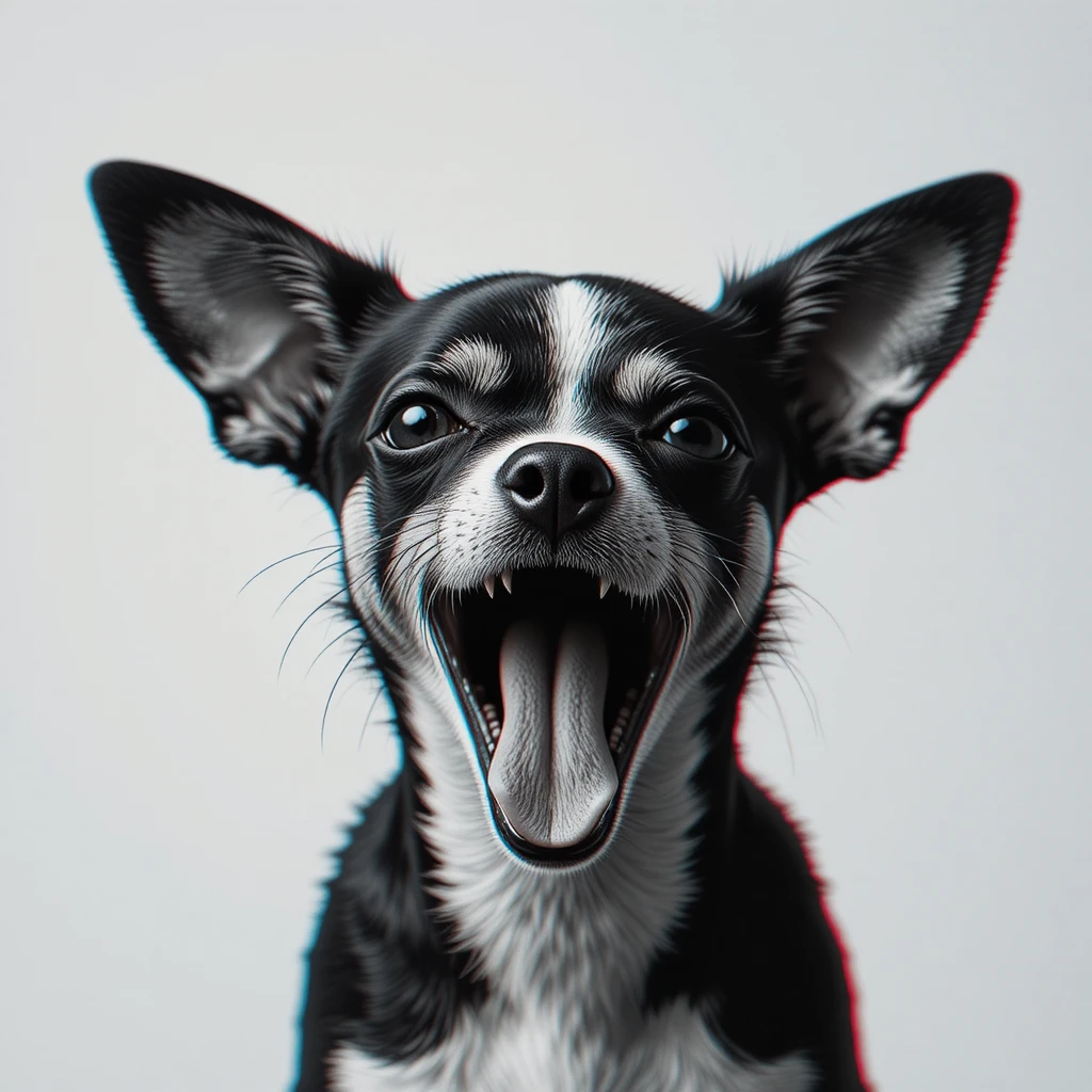 Gähnender Chihuahua im minimalistischen Schwarz-Weiß-Glitch-Stil