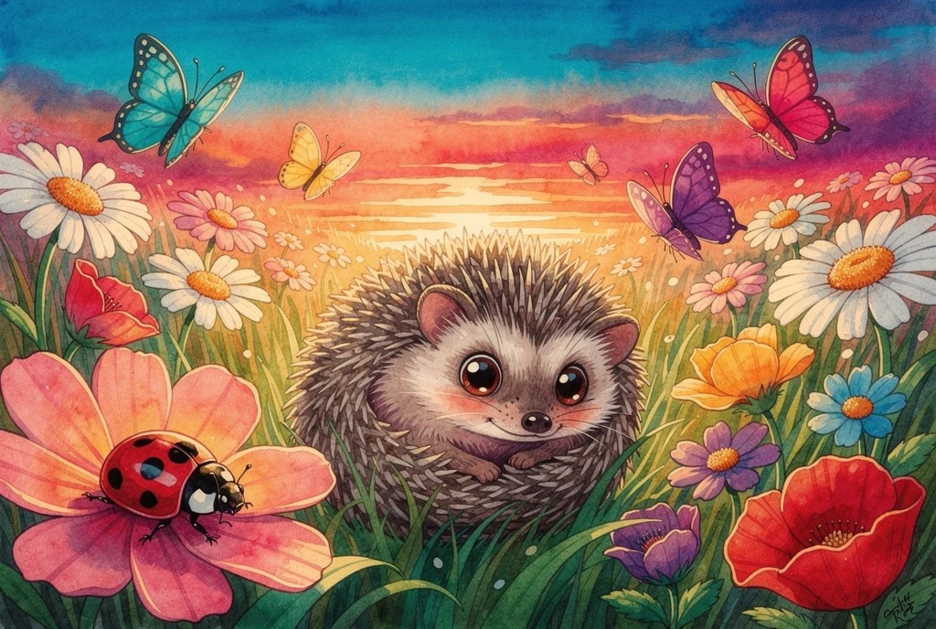 Curious hedgehog nestled in sunset flower meadow