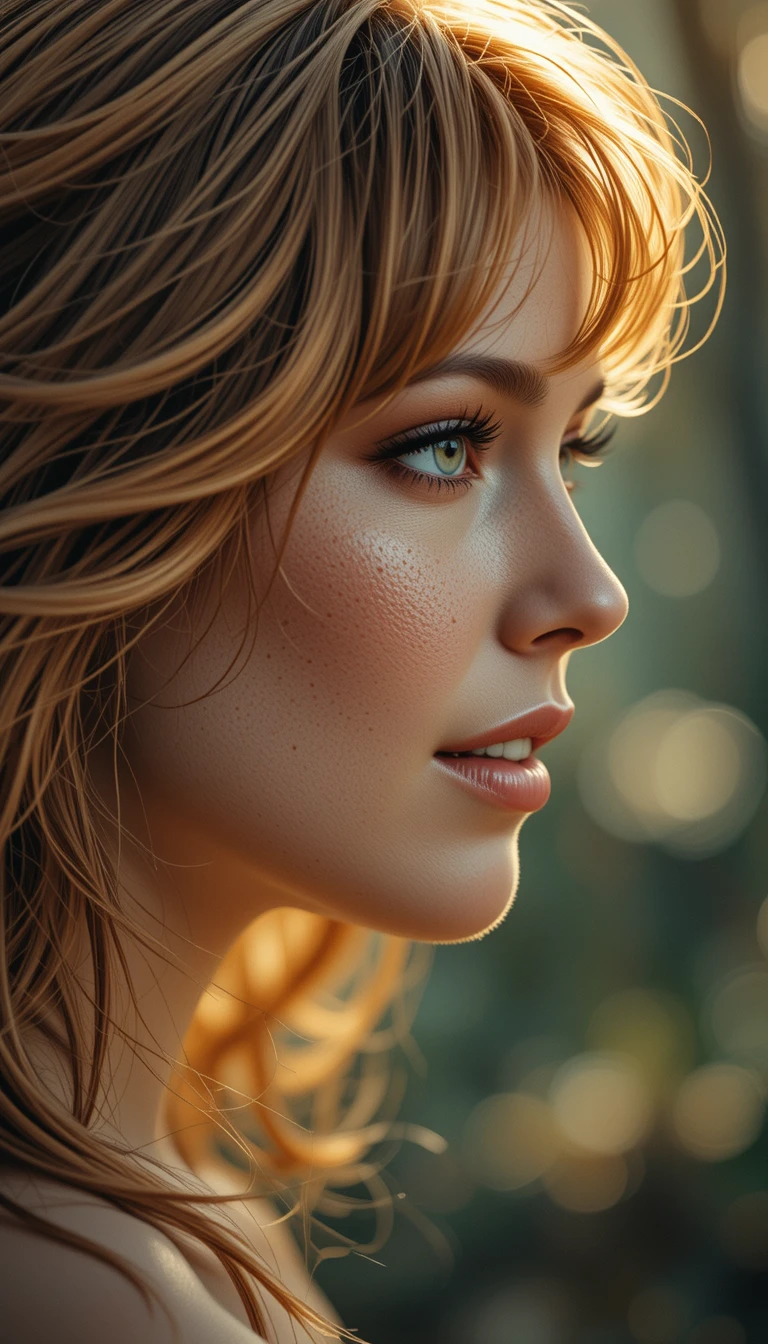 Cinematic close up profile of a freckled girl