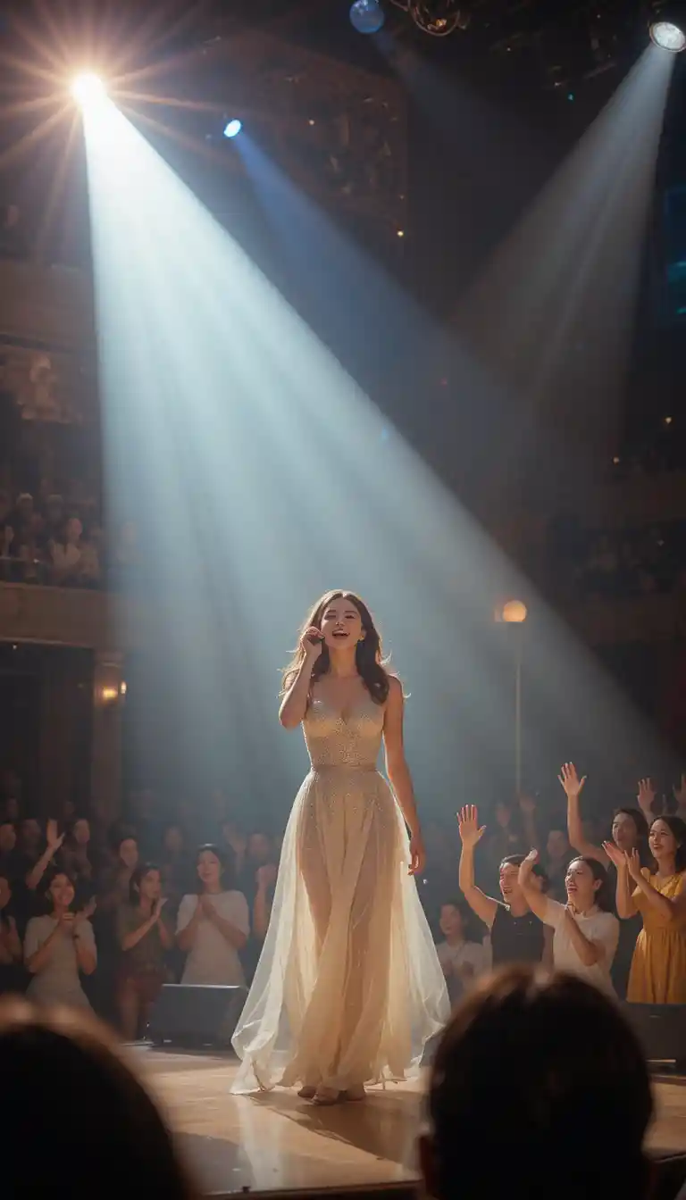 Woman stepping onto a spotlighted stage for the first time