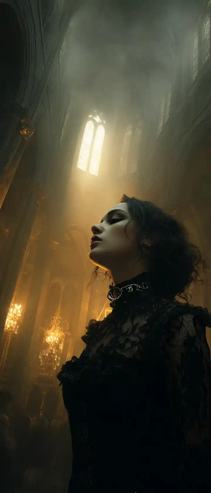 Vampire en dentelle noire devant les colonnes ombragées d’une cathédrale
