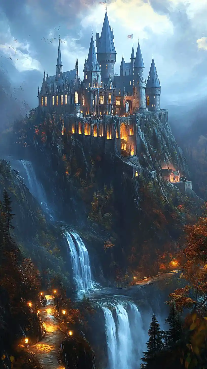 Gothic castle on a misty mountain above autumn forest