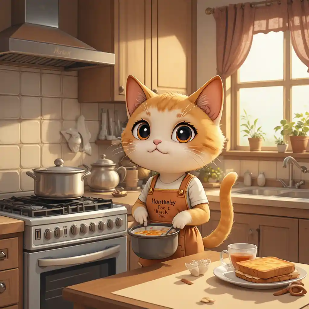 Niedliche Cartoon-Katze kocht Frühstück in einer gemütlichen Küche