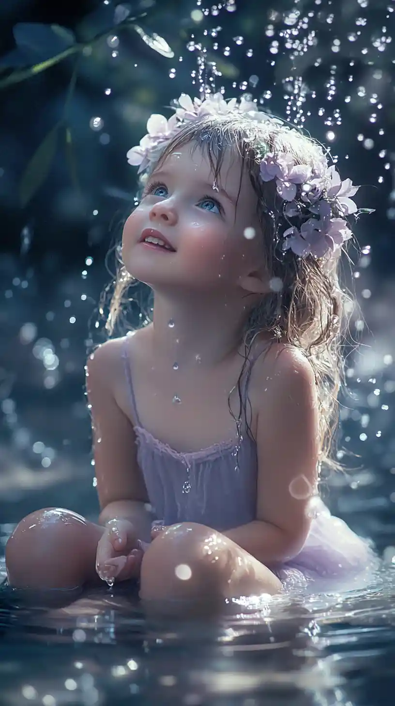 Joyful child catching shimmering water in dreamy light