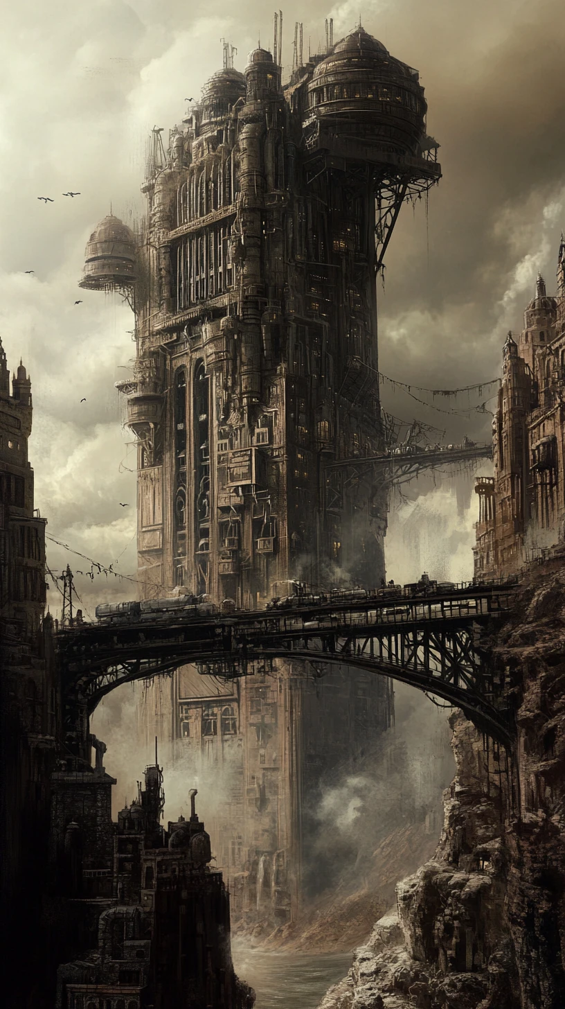 Roaming steampunk city on wheels in a harsh wasteland