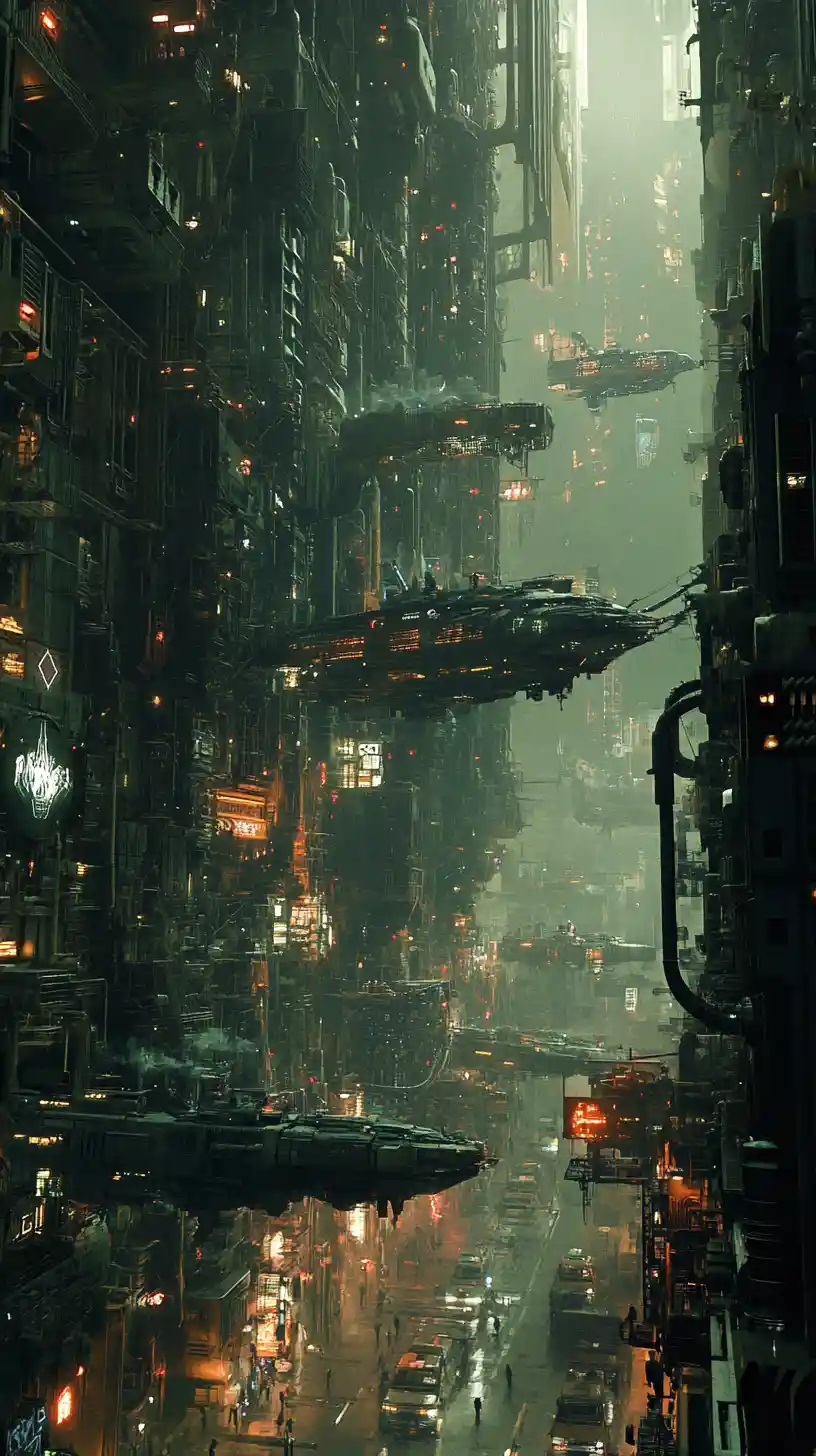 Dystopian city with roaming armored machines in toxic neon haze