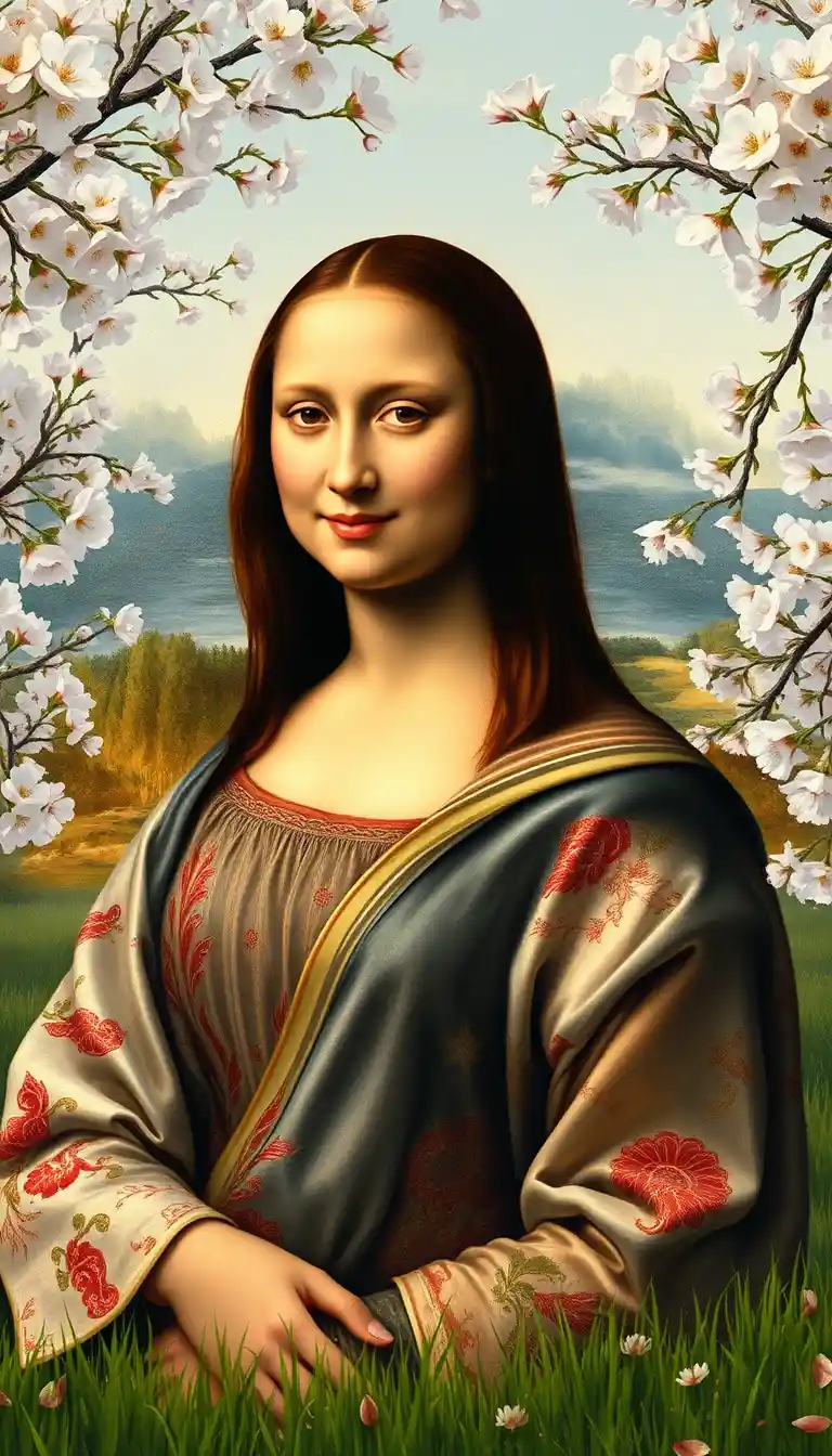 Portrait de la Joconde en kimono de soie parmi les cerisiers en fleurs au printemps