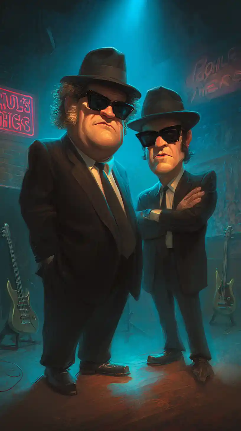 Musicisti blues in abiti neri su un palco fumoso a Chicago