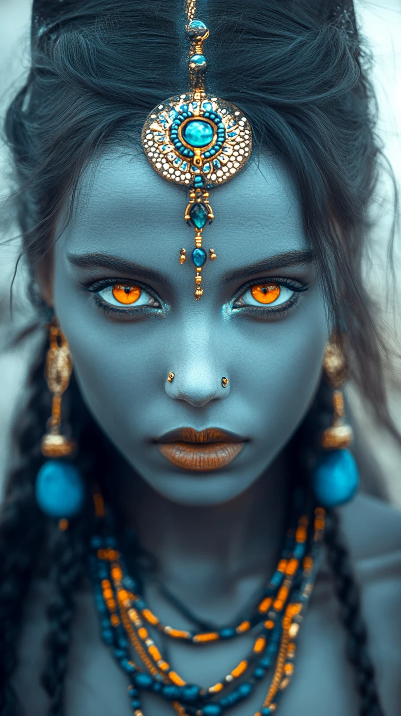 Mystical blue skinned girl with orange eyes and cat ears