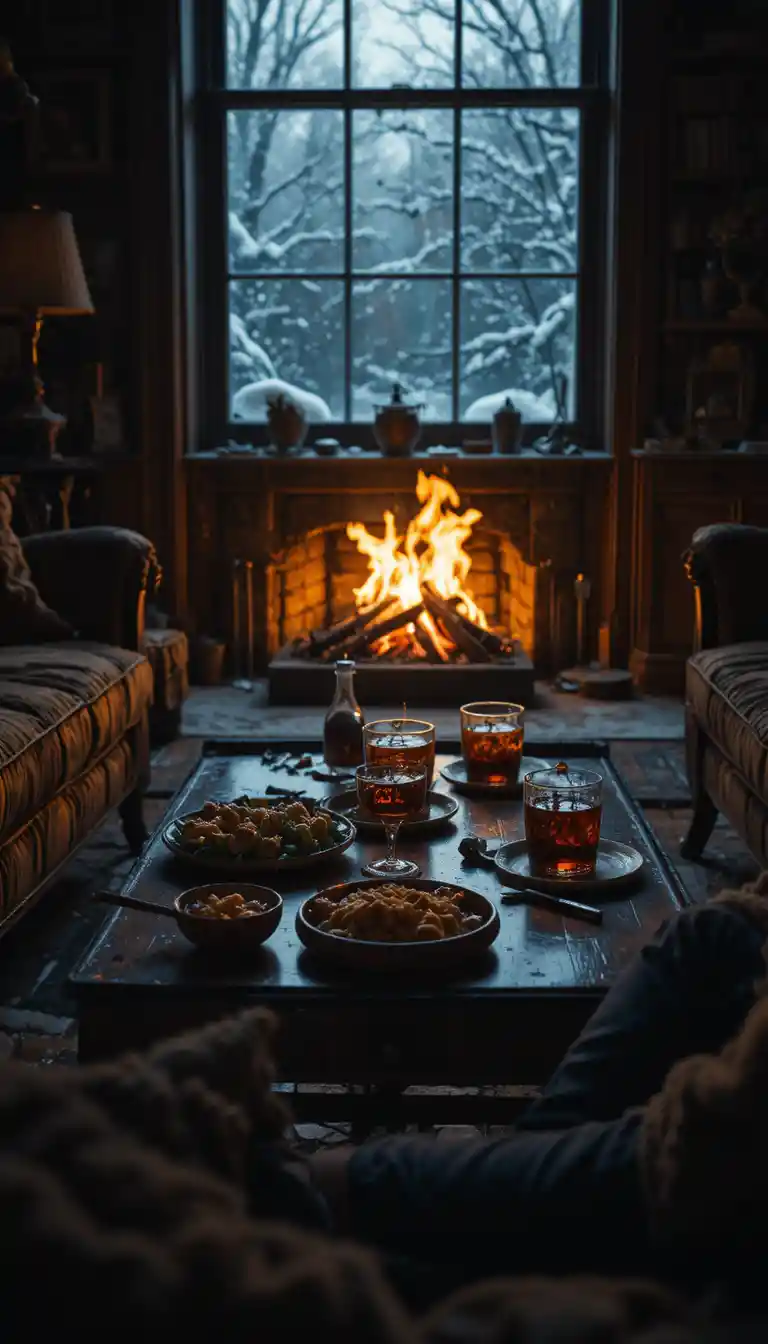Intimate close up of coffee table by glowing firelight