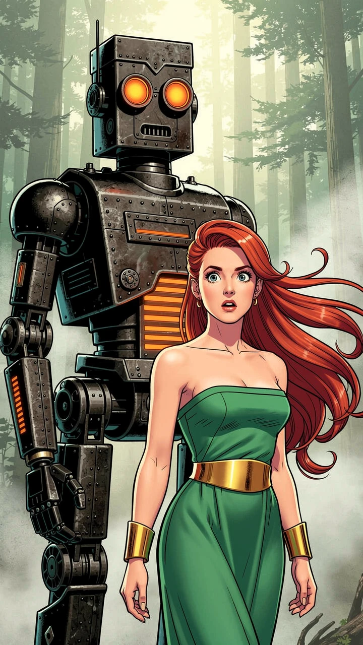 Surprised woman and colossal robot in misty forest clearing