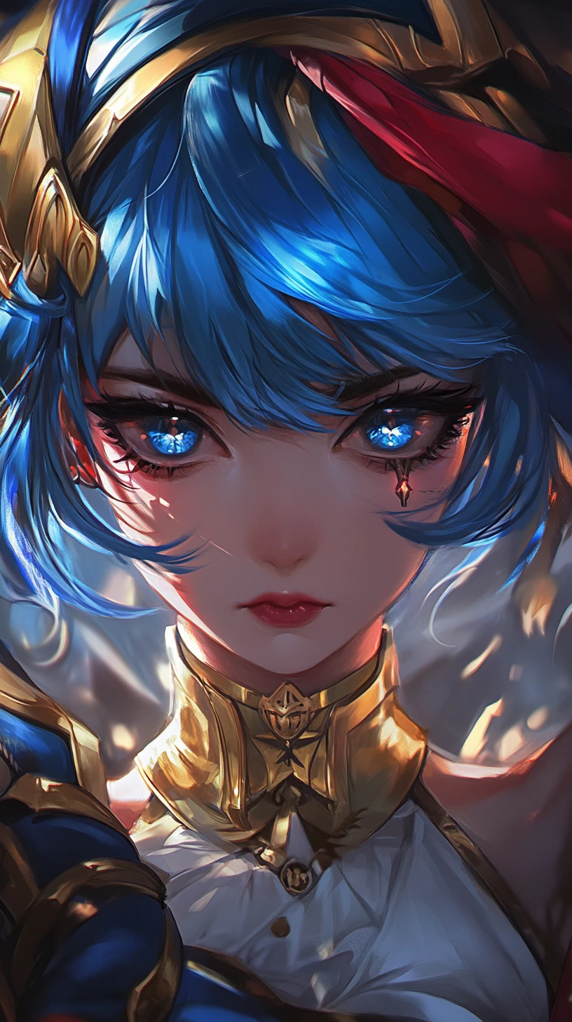 Close up anime knight with blue hair in battle pose