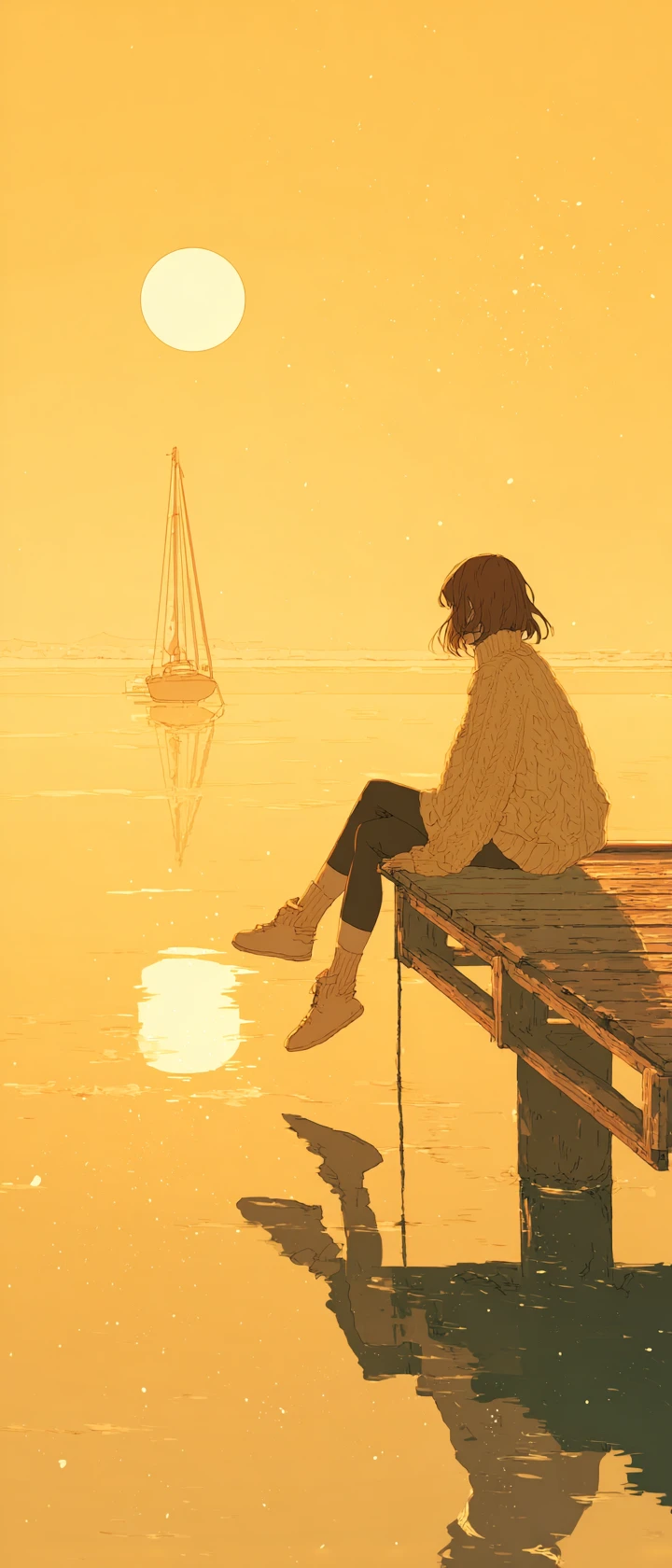 Anime girl on wooden pier at tranquil golden sunset